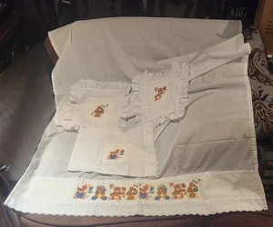 Hand Cross Stitched and Lace Work Sheet and Three Pillow Cases for Baby's Room - Picture 1 of 7