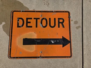 Vintage Detour Sign Orange Tin Metal 30x24 Arrow Antique Street Black - Picture 1 of 9