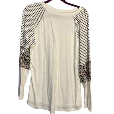 Mixed Print Long Sleeve Shirt Women XXL Ivory White Stripe Animal Print Boho Top - Image 1 of 4