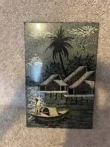 Vintage Vietnamese Asian Wood Lacquer Crushed Eggshell Mosaic Wall Art 11x7.5” - Picture 1 of 6