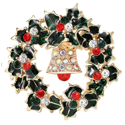 复古圣诞花圈铃铛胸针金色冬青水晶假日珠宝首饰礼物 — 第 1/4 张图片