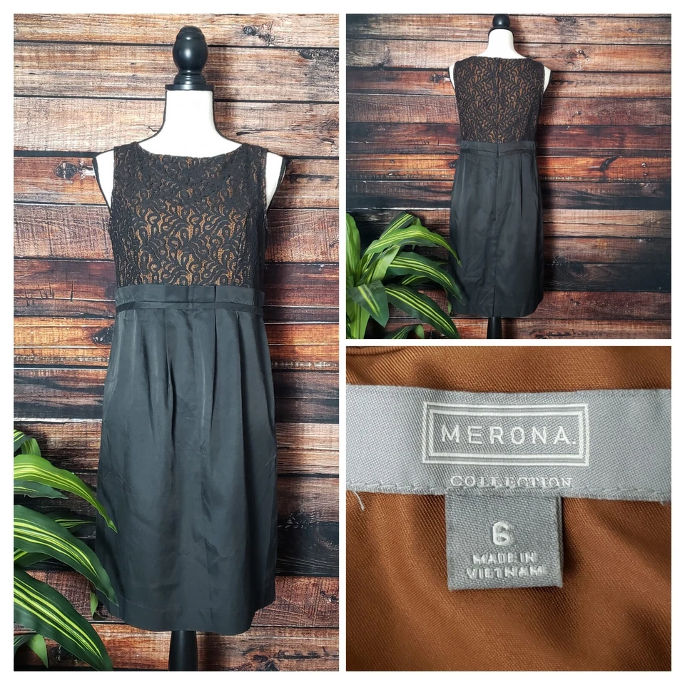 Vestido Merona Talla 6 Funda Encaje Corpiño Bolsa de Papel Cintura Negro Marrón Cremallera Trasera  Foto 1 de 4