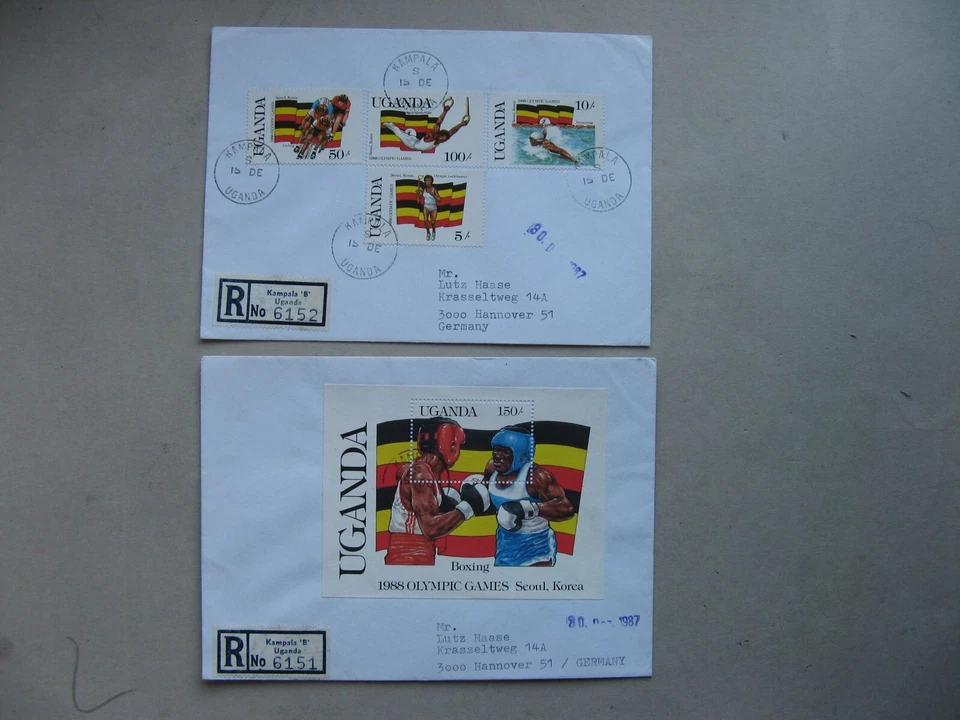 UGANDA, 2x R-cover a Alemania 1987, S/S + set Juegos Olímpicos, ciclismo-carreras boxeo Foto 1 de 1
