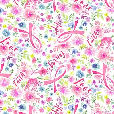 Breast Cancer Awareness Pink Ribbon Floral Faith Love Hope Cotton Fabric BTHY - Image 1 of 2