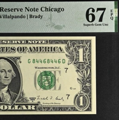 1988A $1 Federal Reserve Note PMG 67EPQ Chicago Repeater serial number 84468446 - Image 1 of 3