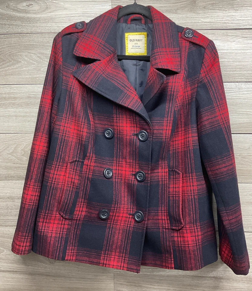Antiguo abrigo azul marino a cuadros rojo azul marino mezcla de lana guisante para mujer talla XL Preppy Academia Foto 1 de 4