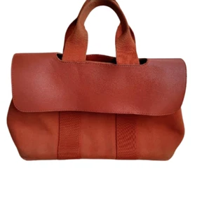 HERMES Valparaiso MM Pouch Handbag Tote Bag Orange Canvas/Leather JAPAN USED - Picture 1 of 18