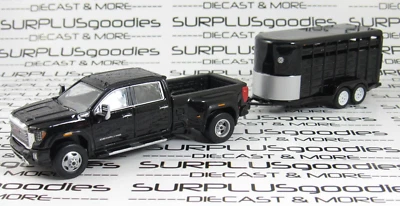 Greenlight Black 2022 GMC SIERRA 3500 Dually Pickup w/Black Livestock Trailer - Image 1 of 4