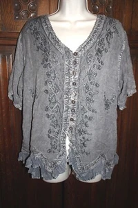 Boho Hippie besticktes Top grau Rüschensaum Petite L NEU Neu mit Etikett - Bild 1 von 11