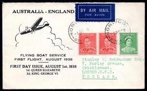 AUSTRALIA 1938 ENGLAND FIRST FLIGHT ON FLYING BOAT SERVICE & FIRST DAY OF ISSUE - Picture 1 of 2