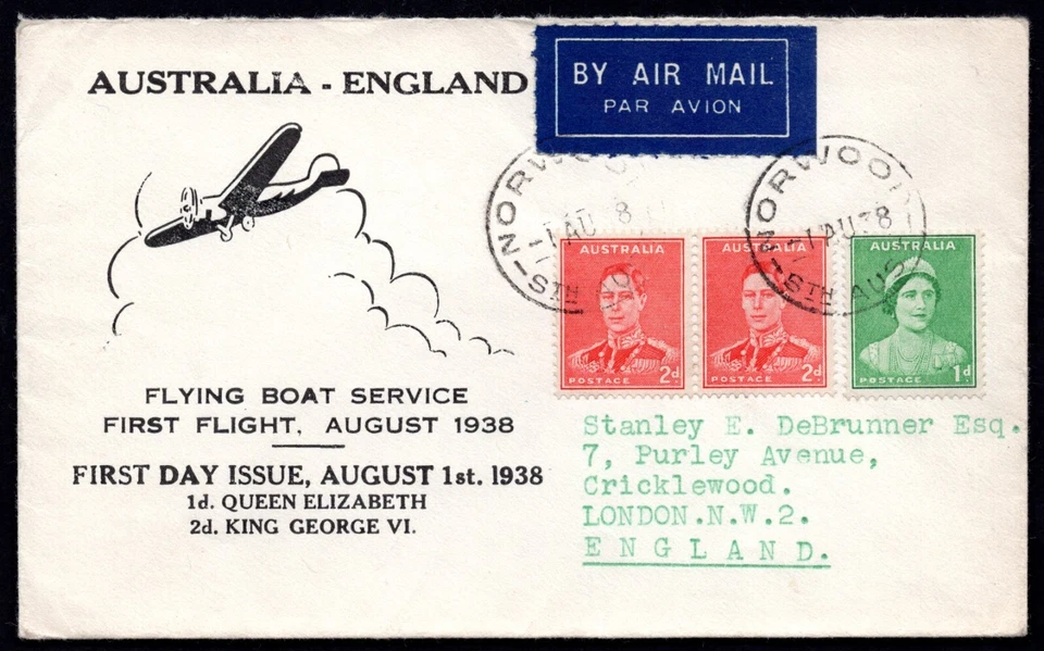 AUSTRALIA 1938 ENGLAND FIRST FLIGHT ON FLYING BOAT SERVICE & FIRST DAY OF ISSUE - Image 1 of 2