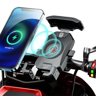 15W Wireless+USB Charging Phone Holder Mount Universal for Motorcycle Handlebar - Image 1 of 4