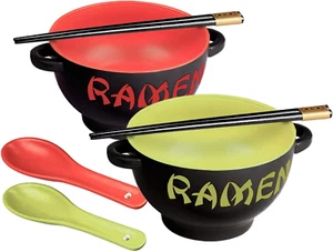 Japanese Ceramic Ramen Bowl Set of 2 - Noodle Bowl with Soup Spoon - Picture 1 of 12