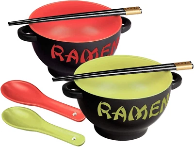 Japanese Ceramic Ramen Bowl Set of 2 - Noodle Bowl with Soup Spoon - Image 1 of 4