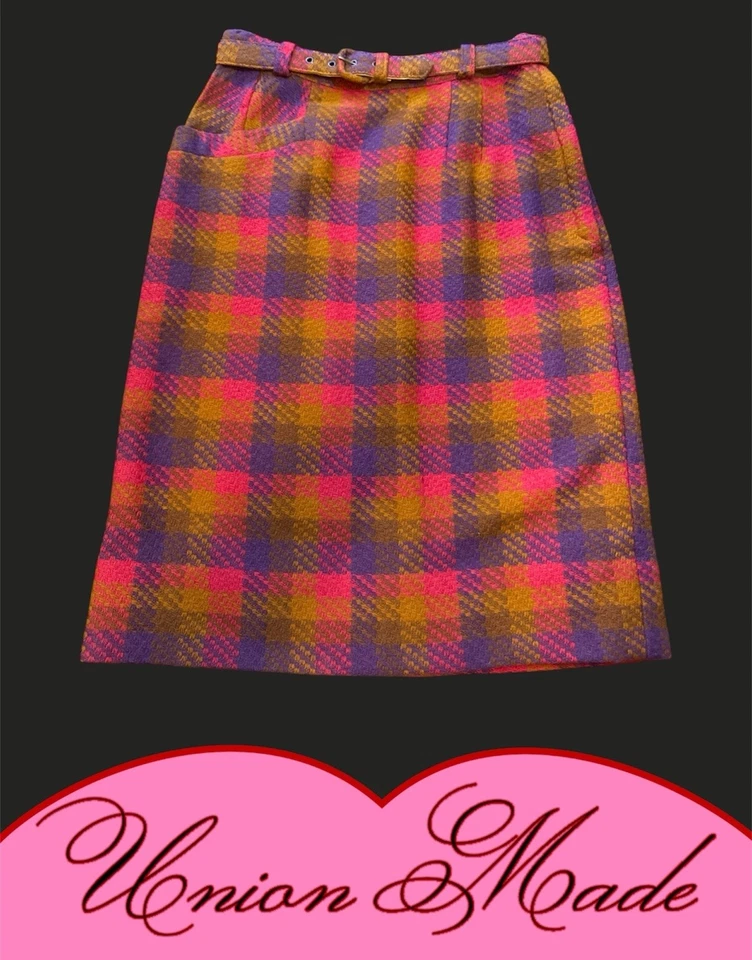Falda de lana a cuadros Union Made Madras de colección EE. UU. AÑOS 70 rosa/púrpura a cuadros XS W24 Foto 1 de 4