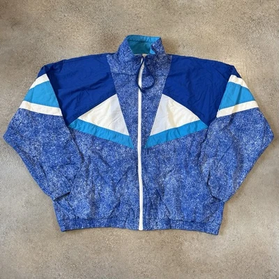 Vintage 90s ASICS Gel Out Full Zip Windbreaker Jacket L/XL Retro Blue Abstract - Image 1 of 4