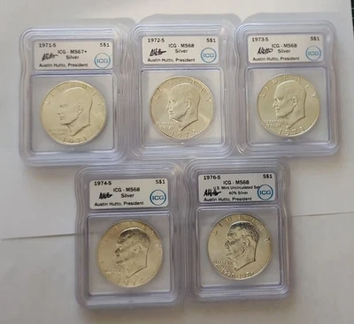 1971-1976 S Eisenhower Silver Dollar Set -ICG MS67+ MS68  - 5 *CONSECUTIVE* - Image 1 of 4