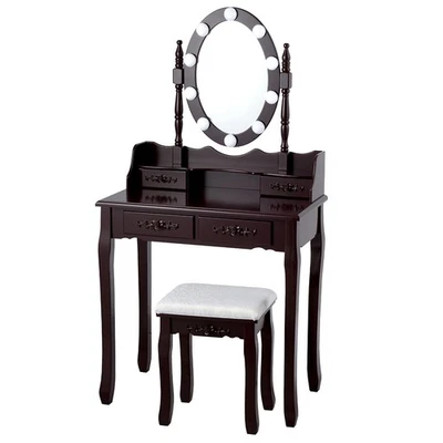4 Drawers Vanity Table Dressing Table W/Touch Switch  & 10 Dimmable Bulbs Brown - Image 1 of 4