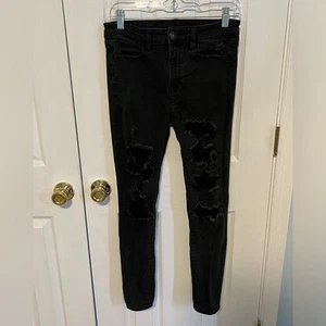 American Eagle Denim Jeans Distressed Black Hi-Rise Jegging Stretch Womens 8 Reg - Picture 1 of 5