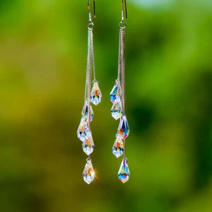 Women Crystal Tassel Earrings Hook Drop Dangle Waterdrop Wedding Jewelry Gifts - Picture 1 of 13