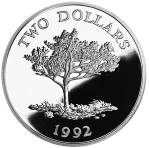 BERMUDA 2 Dollars 1992 Silver Proof 'Cedar Tree' Mtg.2,500 - Picture 1 of 3