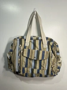 large colorful blues browns duffle bag or over night bag many pockets zippers - Picture 1 of 15