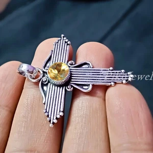 Ciondolo croce argento sterling 925 pietra preziosa rotonda sfaccettata citri... - Foto 1 di 6