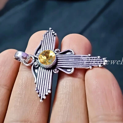 Ciondolo croce argento sterling 925 pietra preziosa rotonda sfaccettata citri... - Immagine 1 di 4