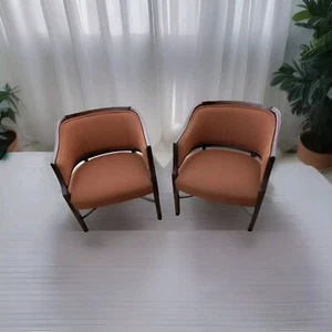 2 Brentwood? Mid Century Modern Orange Club Chairs Pecan Trim And Fabric - Picture 1 of 21