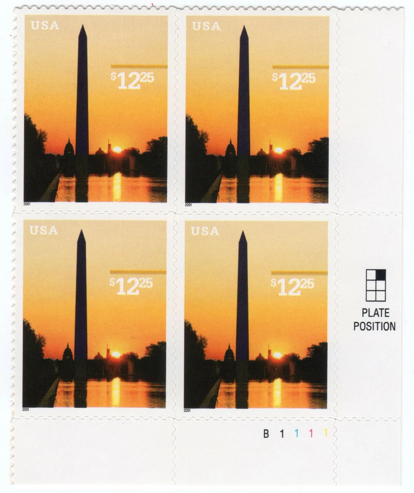 Scott #3473 $12.25 Washington Monument Express Mail Plate Block of 4 Stamps (LR) - Image 1 of 1