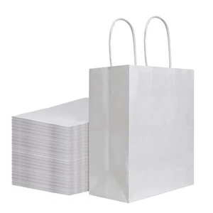 100Pcs Pack 8x4.75x10 inch Medium White Kraft Paper Bags with Handles Bulk, G... - Picture 1 of 7