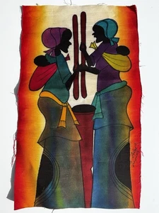 Hand Made African Thick Canvas Signature Panel 2 Women Bold Colorful Textile Art - Picture 1 of 4