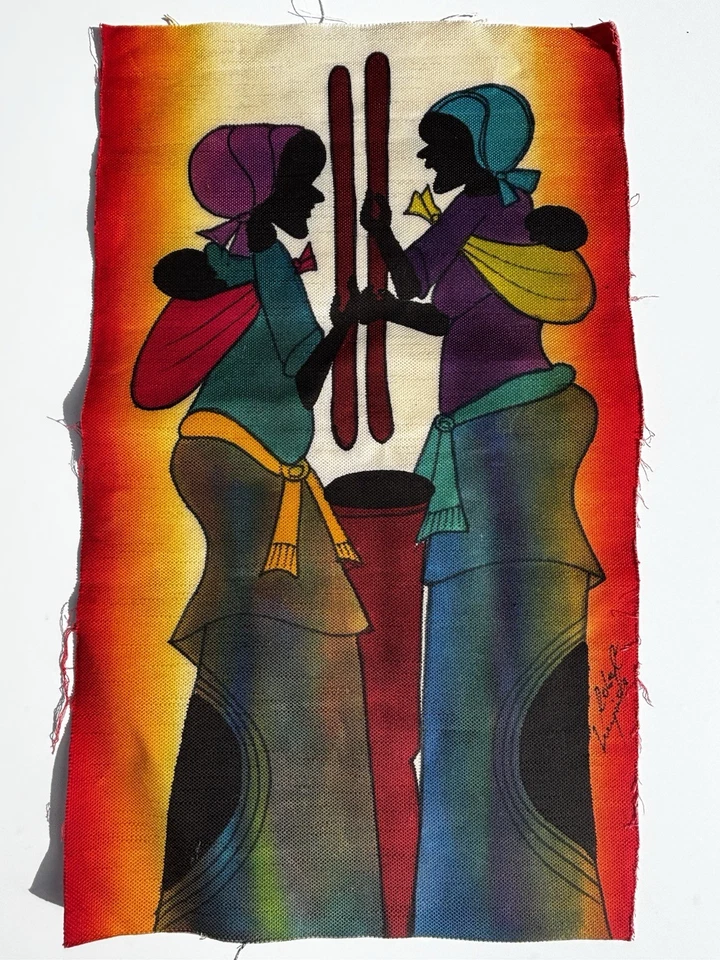 Hand Made African Thick Canvas Signature Panel 2 Women Bold Colorful Textile Art - Image 1 of 4