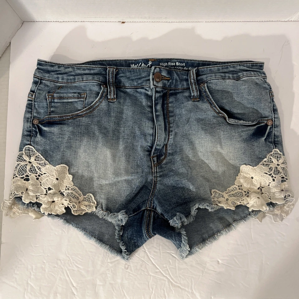 Pantalones Cortos Mossimo Denim Tiro Alto Encaje Bolsillos Elastizados Azul Talla 14/32 Foto 1 de 4