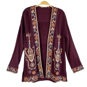 Soft Surroundings Embroidered Cardigan Sweater Women M Burgundy Boho Cottagecore - Picture 1 of 10