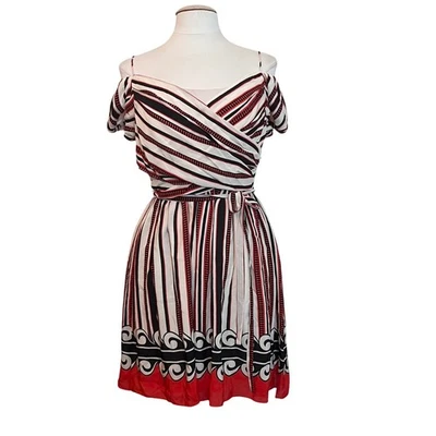 Vestido Anna Sui Target Seda Med Negro Rojo Rayas Drape Art Deco Audaz Declaración Foto 1 de 4