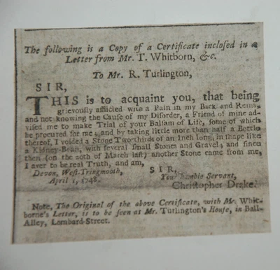 1748. TURLINGTON BALSAM OF LIFE. QUACK MEDICINE. ADVERTISING. - Image 1 of 3