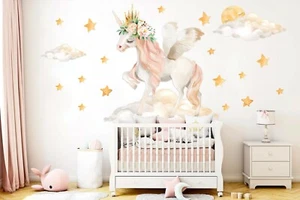 Twinkling Unicorn With Stars Pink Clouds Removable Wall Decal Sticker Room Gift - Bild 1 von 5