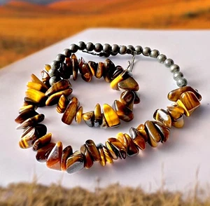 Tigers Eye Silver Beaded Necklace Boho Artisan Statement Vintage 16 Inch - Picture 1 of 8