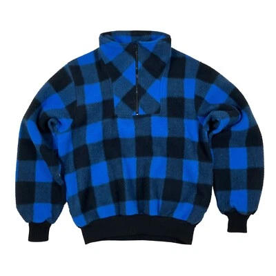 VTG 80s EMS Blue & Black Plaid Polar Fleece Jacket 1/2 Zip Pullover USA Size M - Image 1 of 4