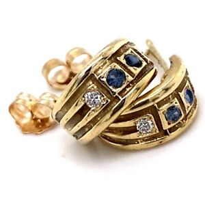 Mini Half-Hoop Post Earrings with Sapphires & Diamonds in 14 Karat Yellow Gold