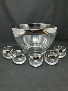 Mid Century Modern Dorothy Thorpe Roly Poly Glass Silver Band Punch Bowl & Cups - Picture 1 of 4