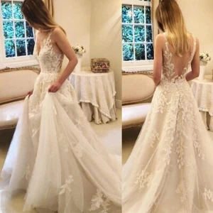 Beach Boho Wedding Dresses V Neck Lace Appliques A Line Backless Bridal Gowns - Picture 1 of 9