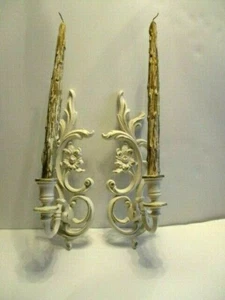 Pair White and Gold Syroco Wood Scrolled Candle Holders With Wood Candles - Picture 1 of 12