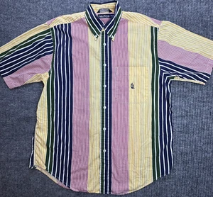 Nautica Hemd Herren Medium Gelb Rosa Streifen Knopfleiste Kurzarm Logo Vintage - Bild 1 von 10