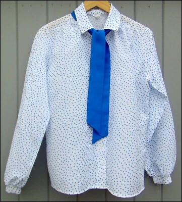 Vintage 1980s blouse white/blue spot tie neck shirt top fits size 12 UK - Image 1 of 4