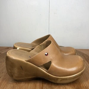 Tommy Hilfiger Shoes Womens 6.5 M Mules Clogs Chunky Y2K Brown Leather Slip On - Picture 1 of 14
