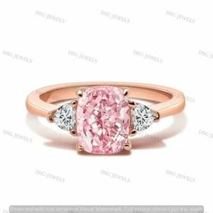 2CT Cushion Simulated Sapphire 3-Stone Wedding Ring 14k Pink Gold Plated Silver - Picture 1 of 3