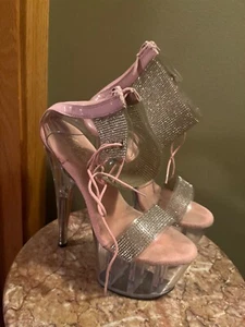 Size 8 Pleaser 6.5” Platform Clear Pink Rhinestone Stripper Heels Ankle Straps - Picture 1 of 10