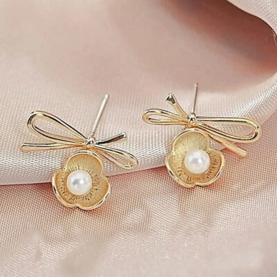 18K Gold Filled Made With SWAROVSKI Pearl Exquisite Bowknot Flower Stud Earrings - Image 1 of 4